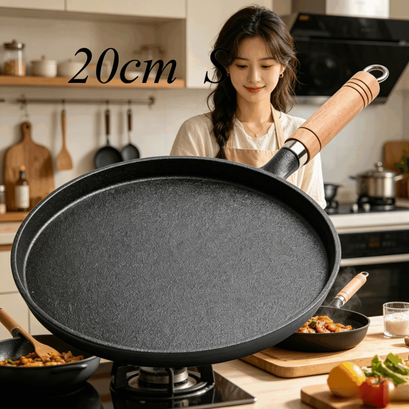 Dosa Pan Iron - 20cm Cast Iron Skillet Wooden Handle